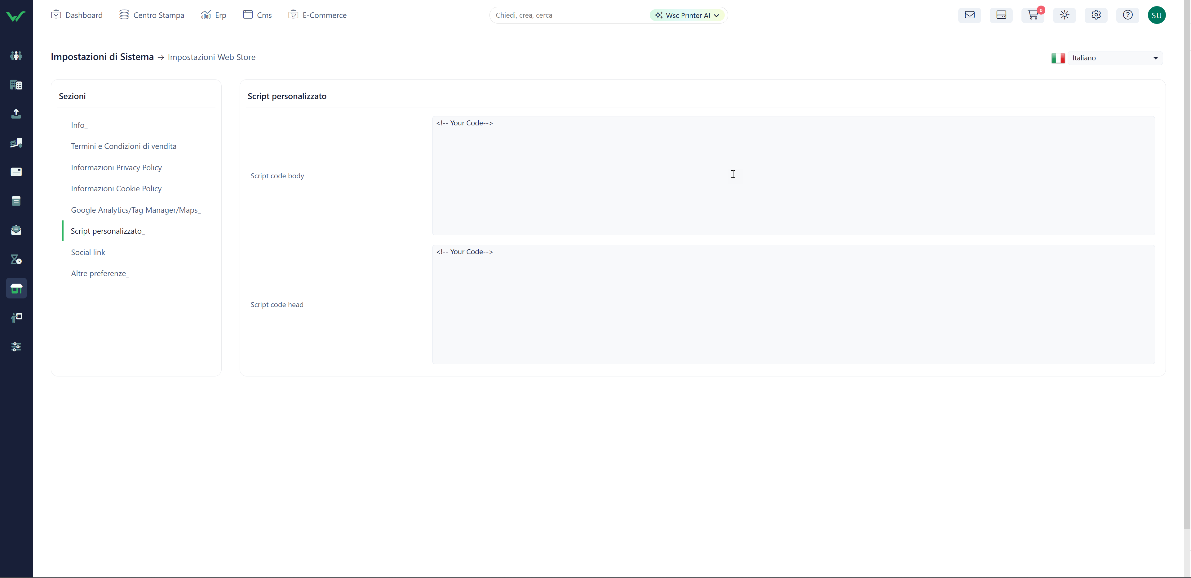 Wsc Printer | Overview interfaccia - Web Store - Inserire Script Personalizzati